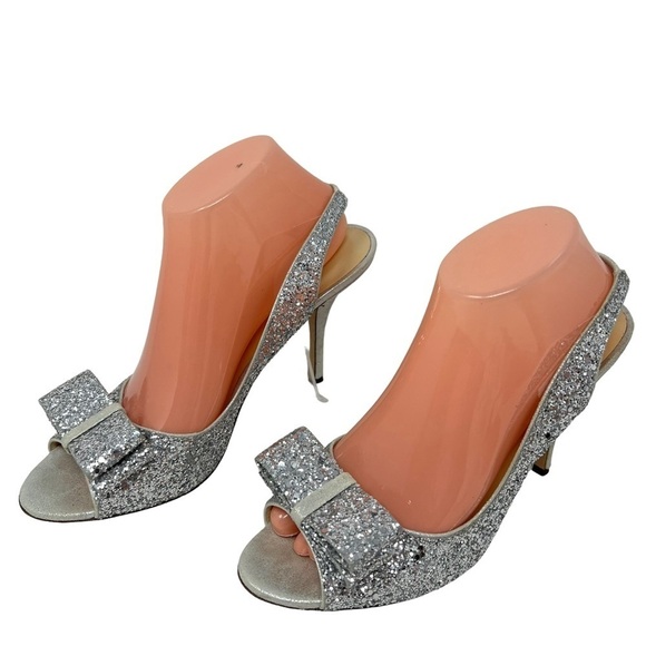 Kate Spade Krysta Silver Sequin Glitter Open Toe Slingback Stiletto Heels 9.5B - Picture 3 of 12